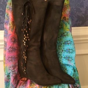 MIDNIGHT VELVET TALL BLACK FRINGED BOOTS